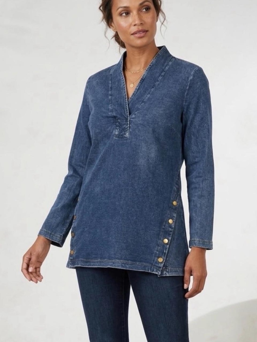 Soft Surroundings Lagenlook Stretch Denim Shawl Collar Tunic Long Sleeve Sz Lg